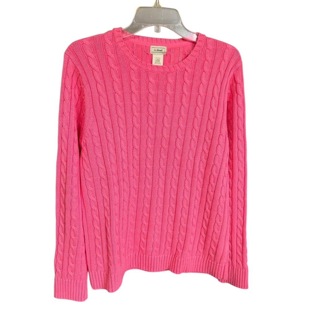LL Bean Cable Knit Sweater Womens L Salmon Pink Cotton Crewneck Preppy Classic
